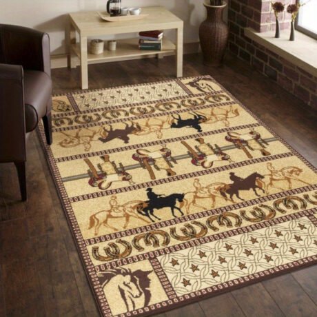 1pc Southwest Tribe Style Cowboy And Horse Theme Vintage Beige Patterns Short Plush Hand-Woven Carpet With Close Knitting Edges, Dry Clean Only Indoor And Outdoor Decorative Area Rug, Exquisite Polypropylene Crafts Floor Mat - 5 '3 