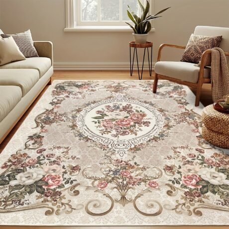 1pc Luxurious Bohemian Elegance Area Rug - Soft Imitation Cashmere, Persian Flower Pattern, Beige and White Colors, Easy to Clean, Non-Shedding, Hypoallergenic, Perfect for Living Room, Balcony, Bedroom Decoration - Durable, Stain-Resistant, and Low-Maintenance