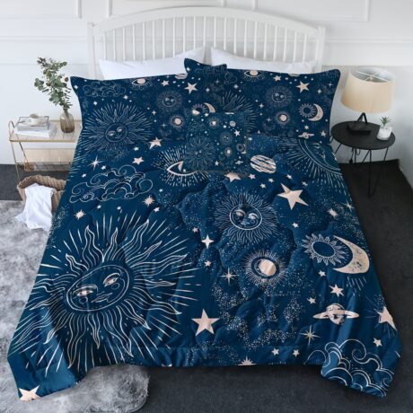 4-Piece Celestial Comforter Set - Soft Quilted Bedding with Vibrant Sun, Moon, and Star Pattern - Boho Mandala Design, Blue Color, Comfortable and Cozy for a Relaxing Sleep Experience