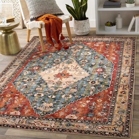 Luxurious Tribal Washable Rug - Large Boho Area Rug for Living Room, Non-Slip, Vintage Soft, Distressed Design, Indoor Floor Carpet for Bedroom, Bathroom, Kitchen - Easy to Clean, Durable, and Pet-Friendly