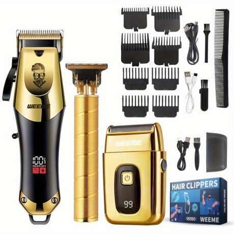 3pcsu002Fset Professional Golden Hair Clipper And Trimmer Set For Men - USB Rechargeable Haircut Kit With LCD Display, Including Electric Shaver, T-Blade Trimmer, 8pcs Limit Combs, 3pcs USB Cables, 3pcs Cleaning Brushes, And Comb - Ideal Gift